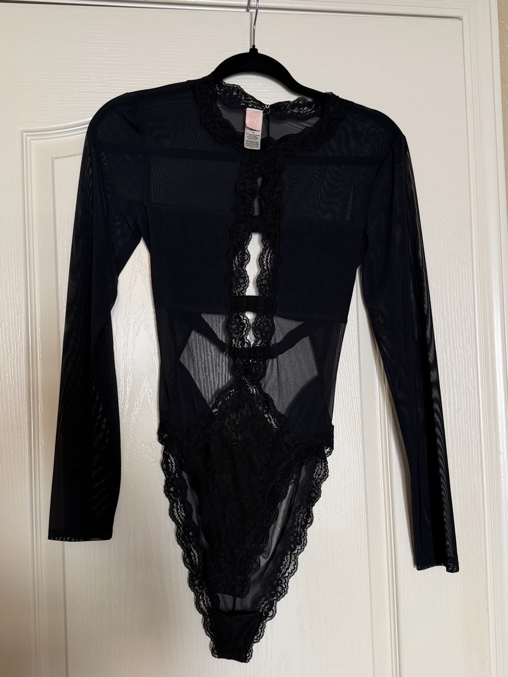 Sheer Black Lace-Trim Long Sleeve Bodysuit